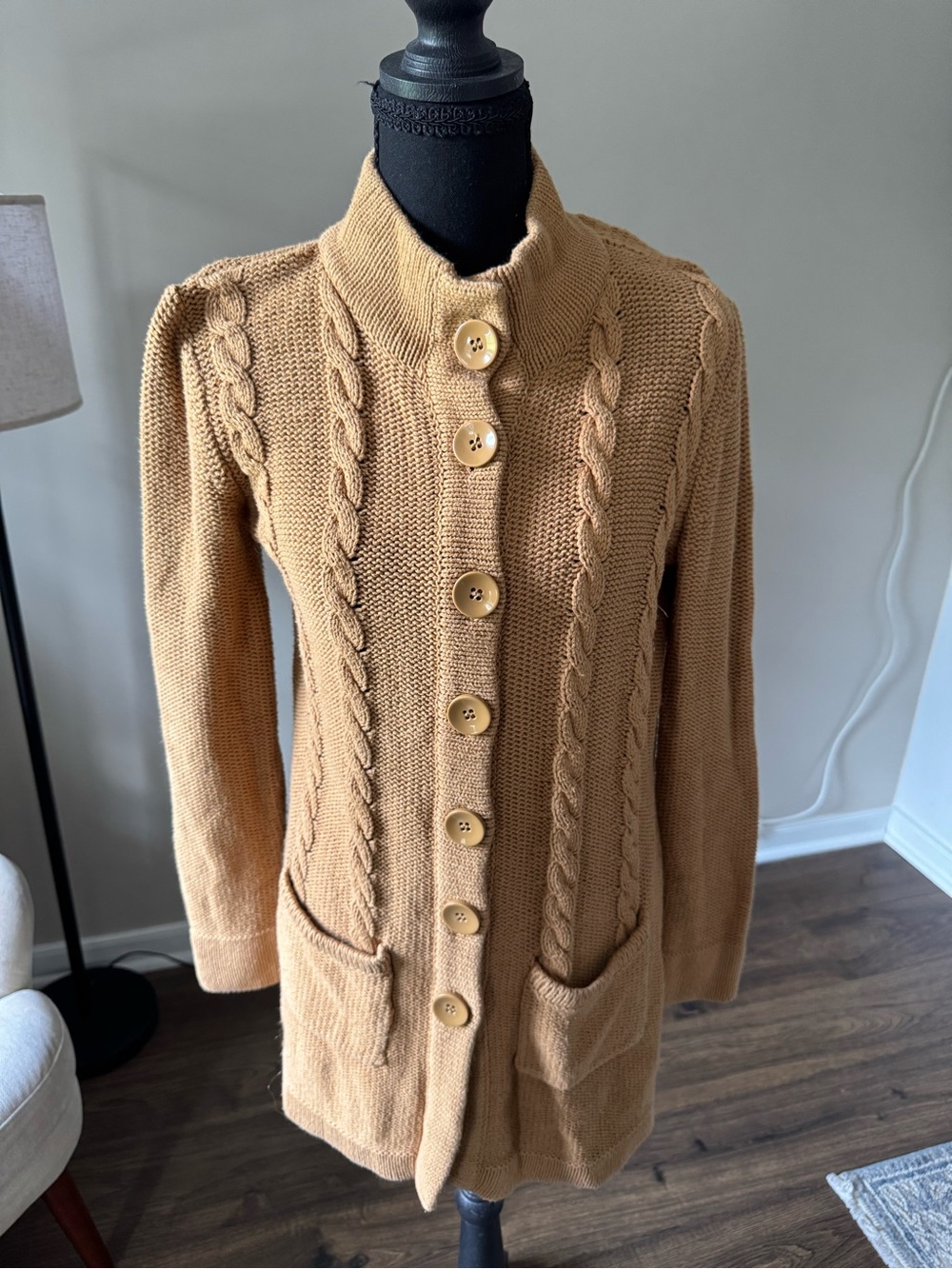 Chadwicks Camel/Tan Cable-Knit Button Front Cardigan